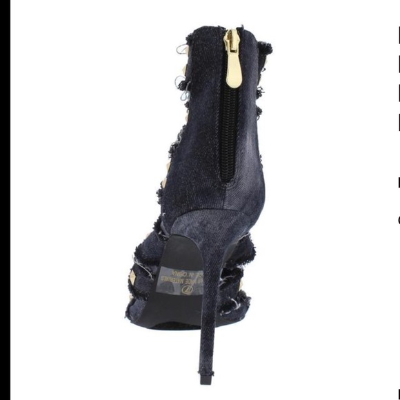 Black Denim Frayed Distress Studded Strappy Heels - Picture 3 of 4